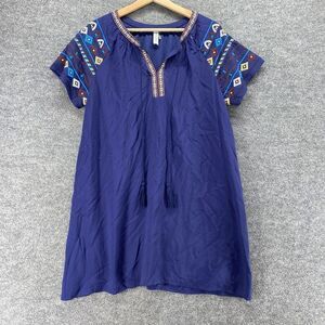 J Love Dress Women M Medium Blue Shift Short V-Neck Tasseled Short Sleeve Lined